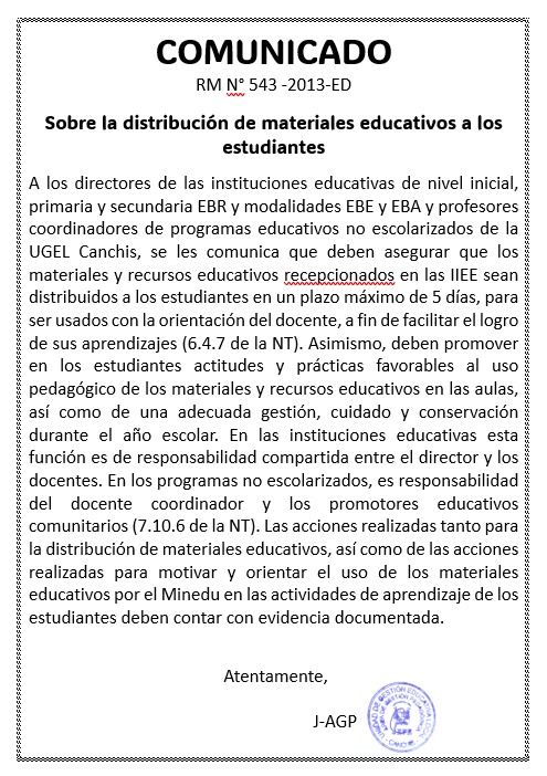 Comunicado "sobre la distribución de materiales educativos a los estudiantes"